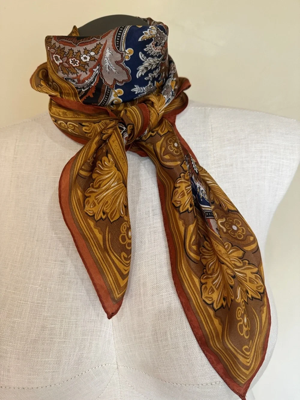 Jacqueline Ferrar 100% Silk Square Scarf Paisley Floral | Navy, Rust, Gold 30”